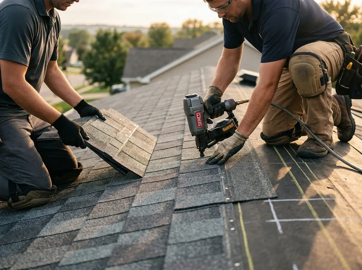 Professional roofer working on a residential roof in Rolla